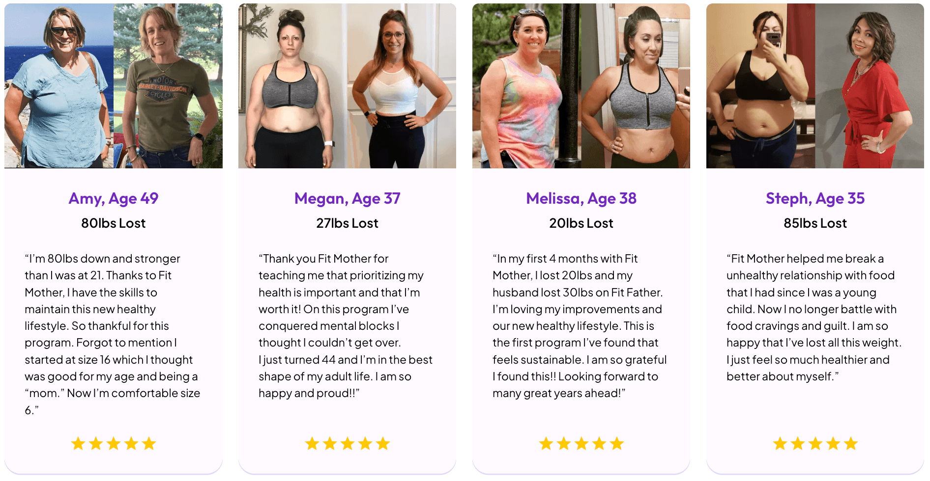 Before and after weight loss photos and testimonials from four women sharing their success.