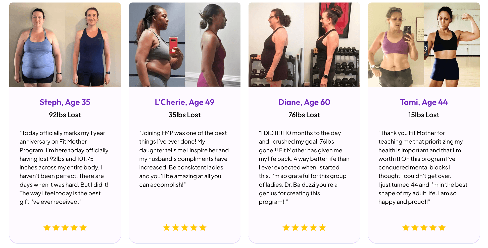 Four women's weight loss transformations featuring before-and-after photos, personal testimonials, and five-star ratings.