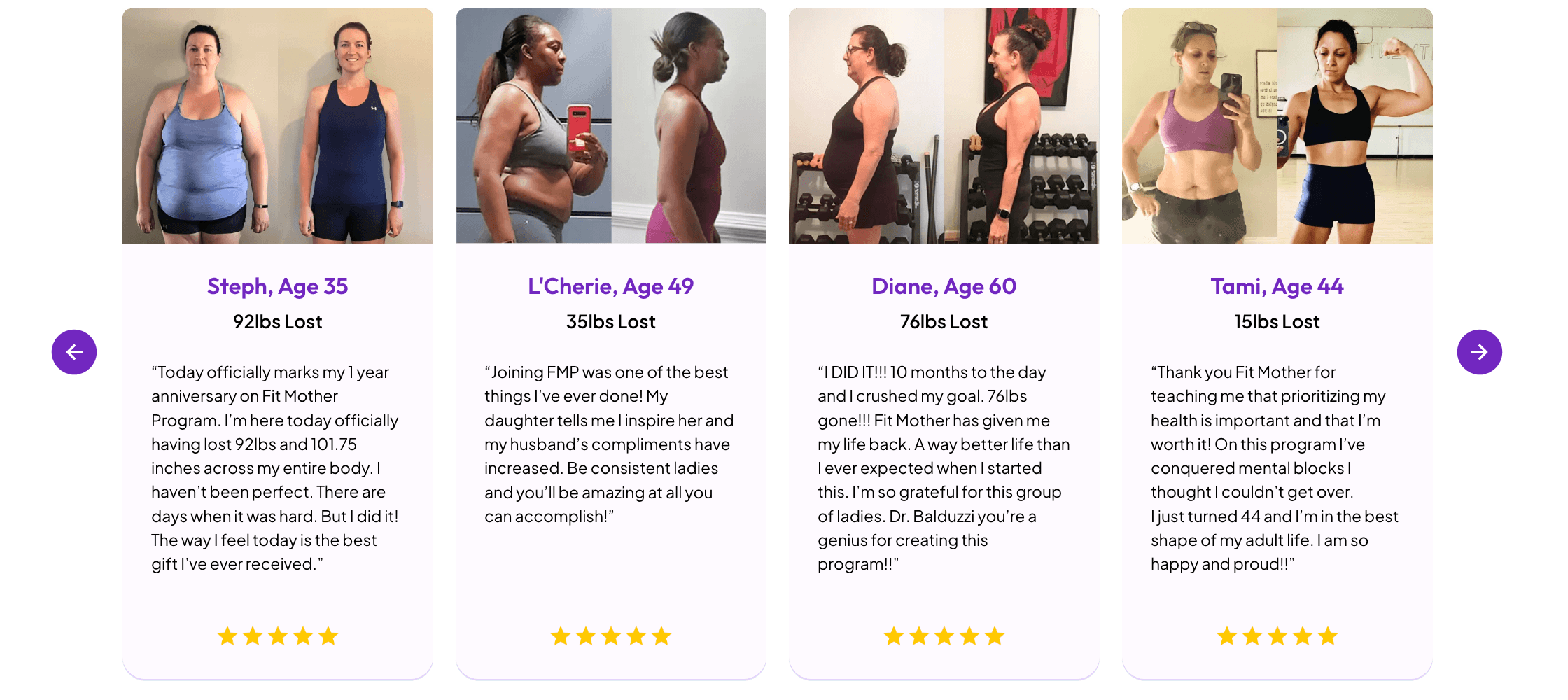 Four women's before and after weight loss transformation photos with personal testimonials and ratings.